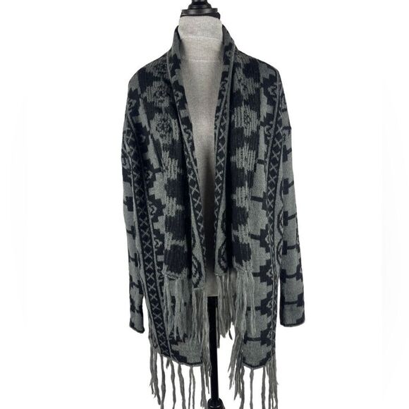 Caslon black grey southwestern high low open fringe cardigan sz XS wool blend - Picture 1 of 11